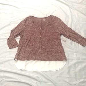 NWT New York and Company—3/4 Sleeve Zip Front Twofer—Wine/Cream—Size Large